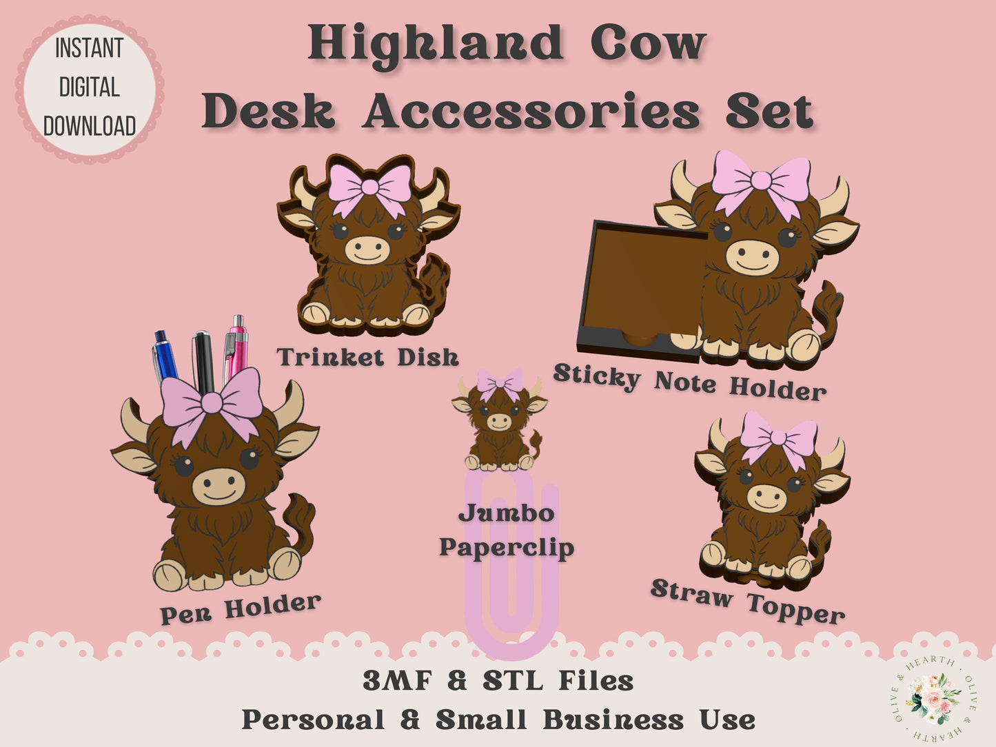 Highland Cow Desk Accessories Bundle - Digital File
