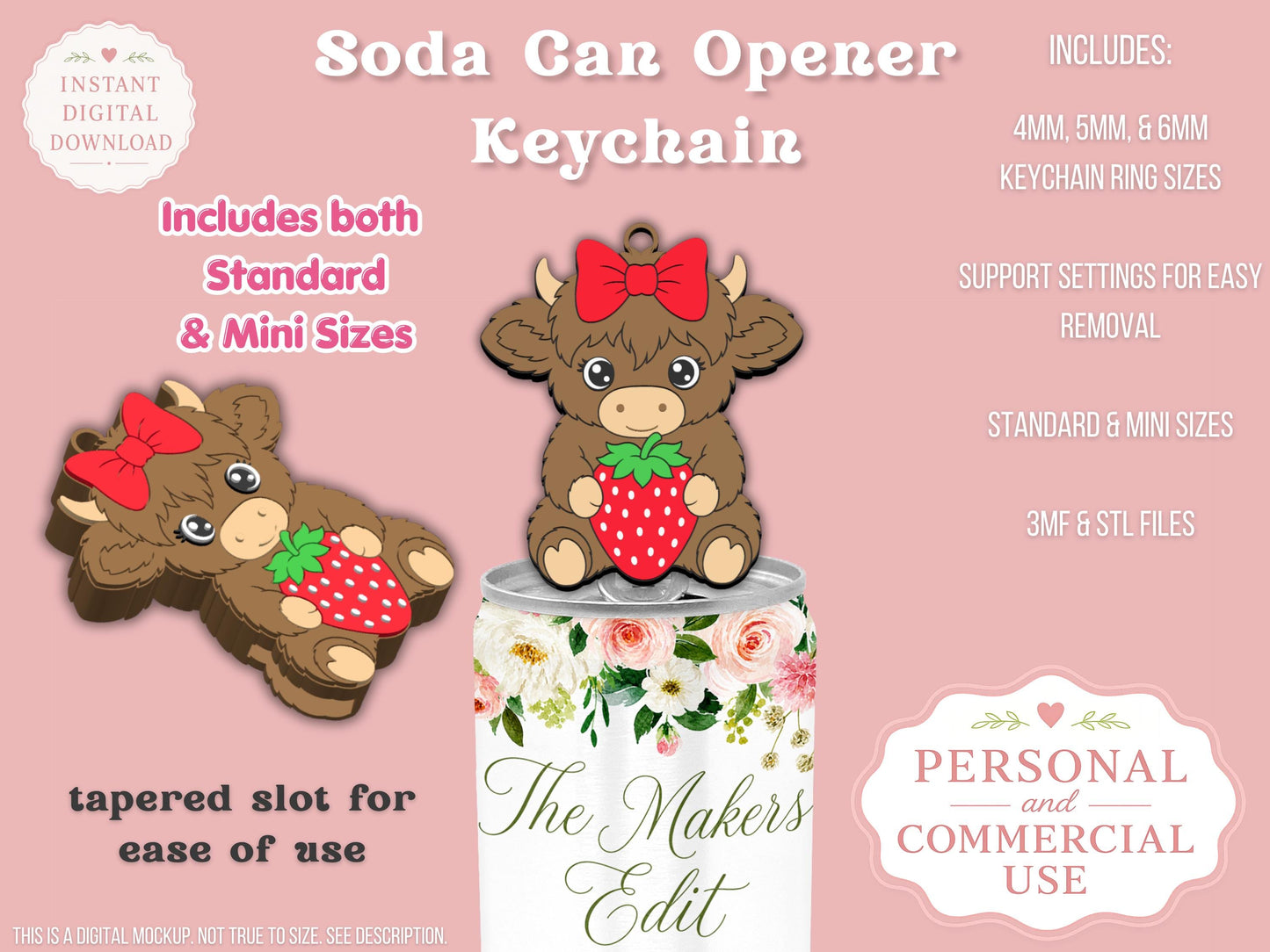 Highland Cow with Strawberry & Bow - Can Tab Opener - Digital File