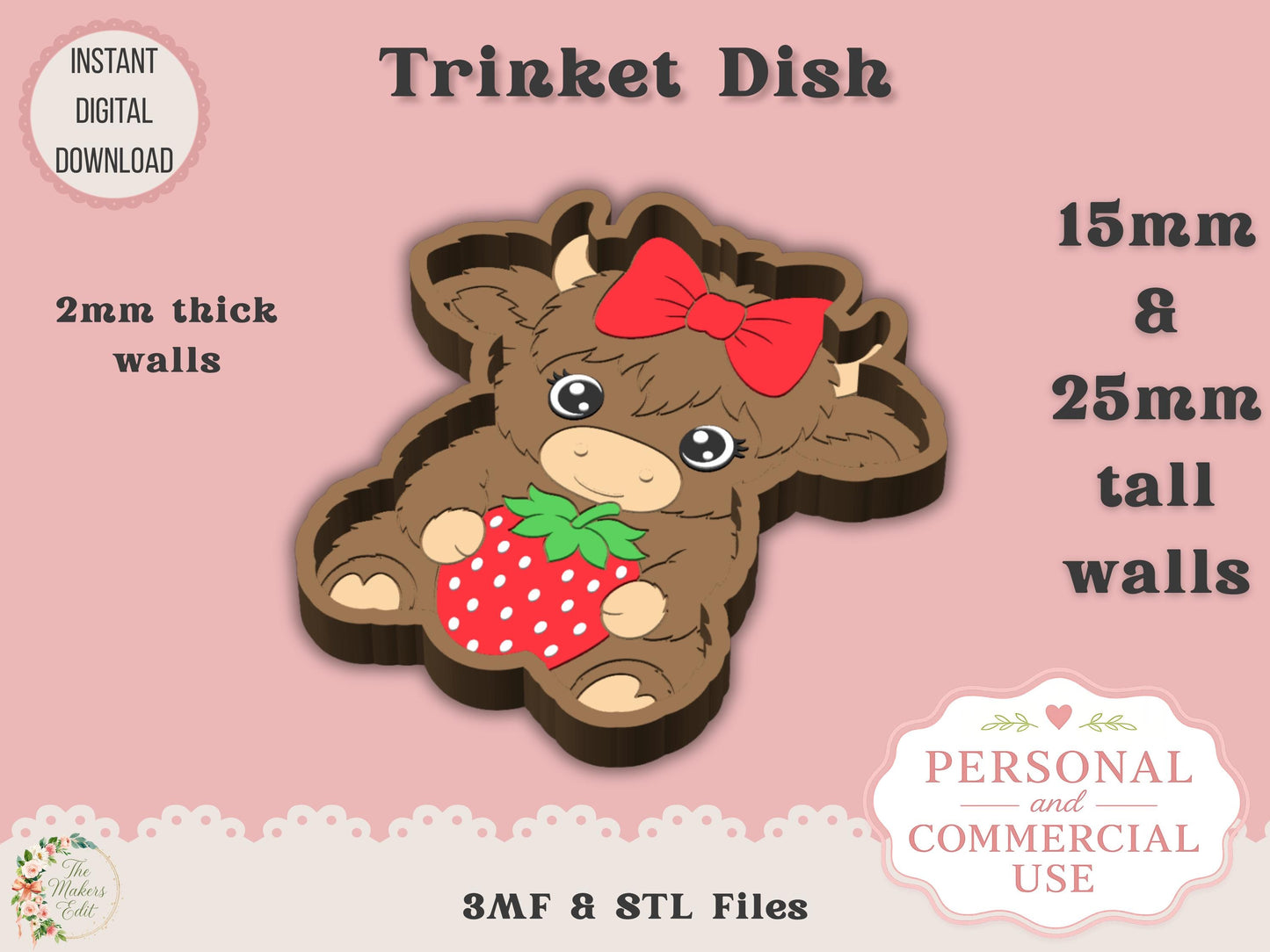 Highland Cow with Strawberry & Bow