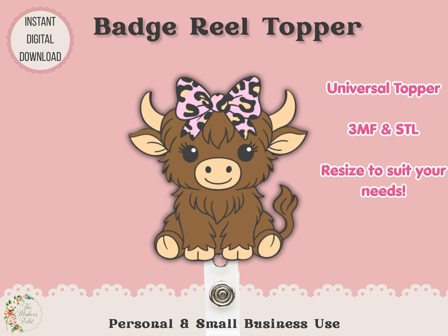 Badge Reel Topper 3D Printer File | Highland Cow Leopard Bow STL 3MF