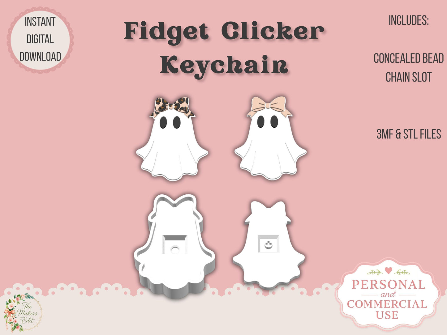 Fidget Clicker 3D Printer File | Ghost Coquette Bow STL 3MF | Keychain