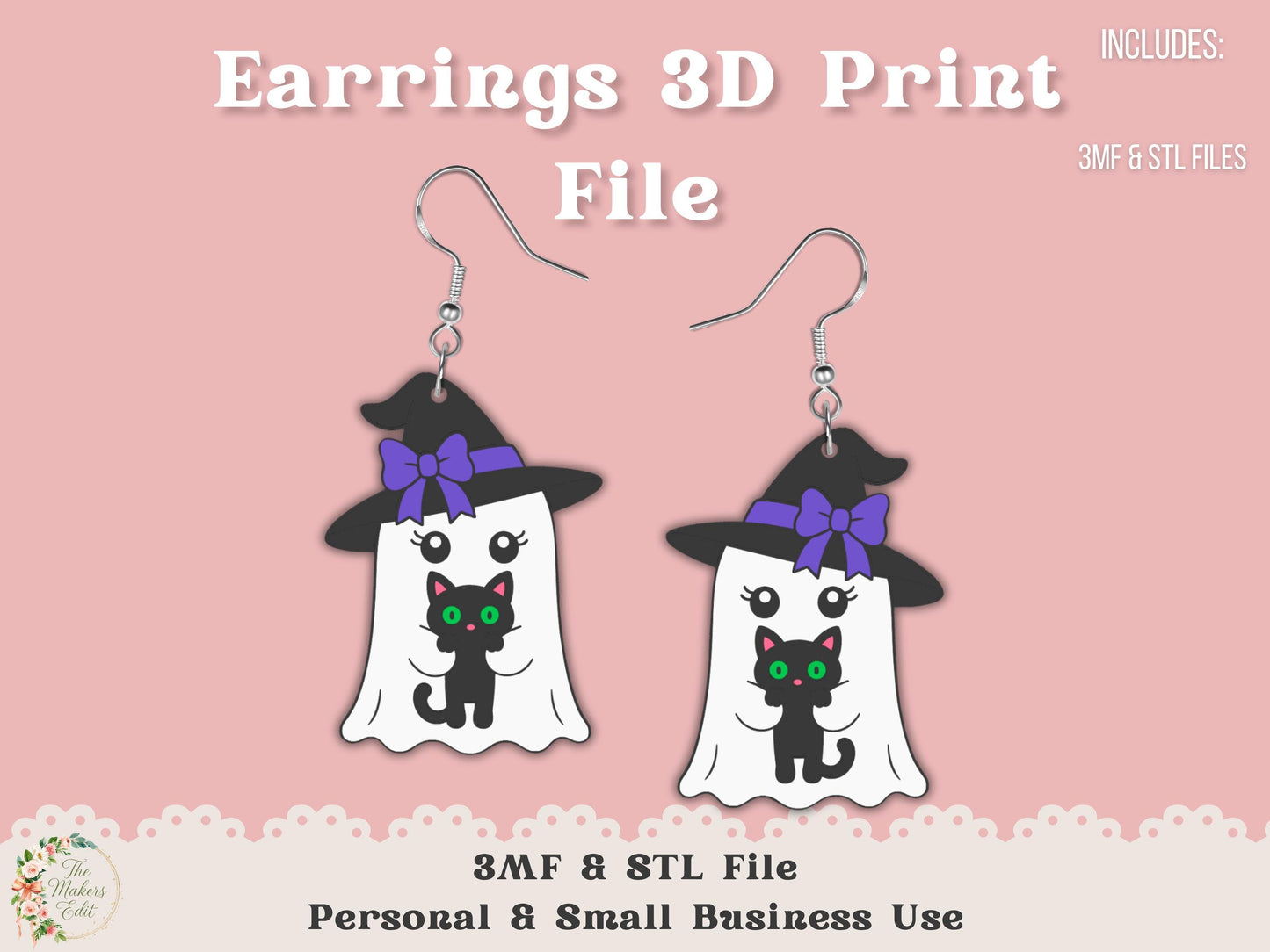 Earrings 3D Printer File | Ghost Witch Cat STL 3MF