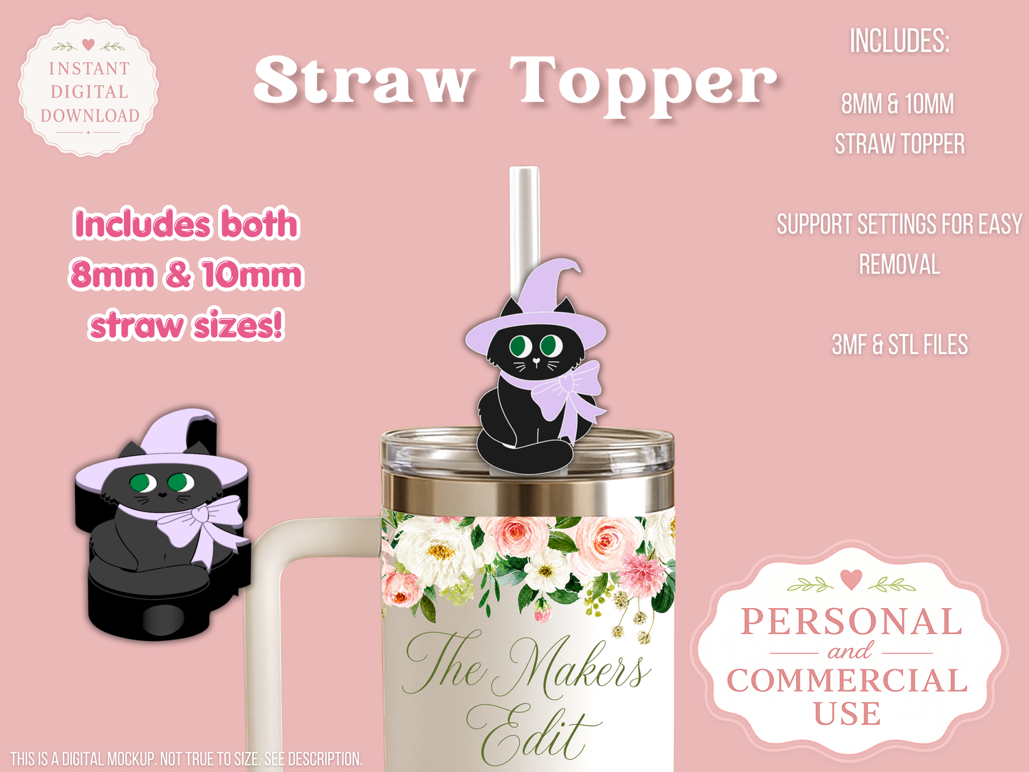 Witch Cat - Straw Topper - Digital File