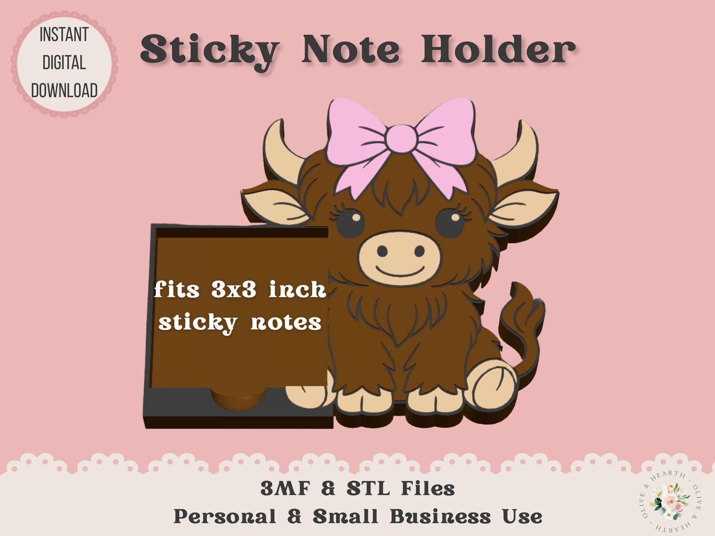 Highland Cow with Bow - Sticky Note Holder - Digital File