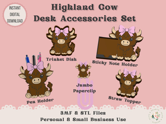 Highland Cow Desk Accessories Bundle - Digital File