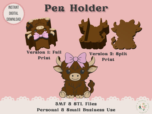 Highland Cow with Bow - Pen Holder - Digital File