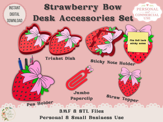 Strawberry Bow Desk Accessories Bundle - Digital File