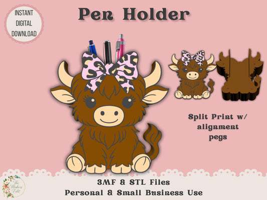 Highland Cow with Leopard Print Bow - Pen Holder - Digital File