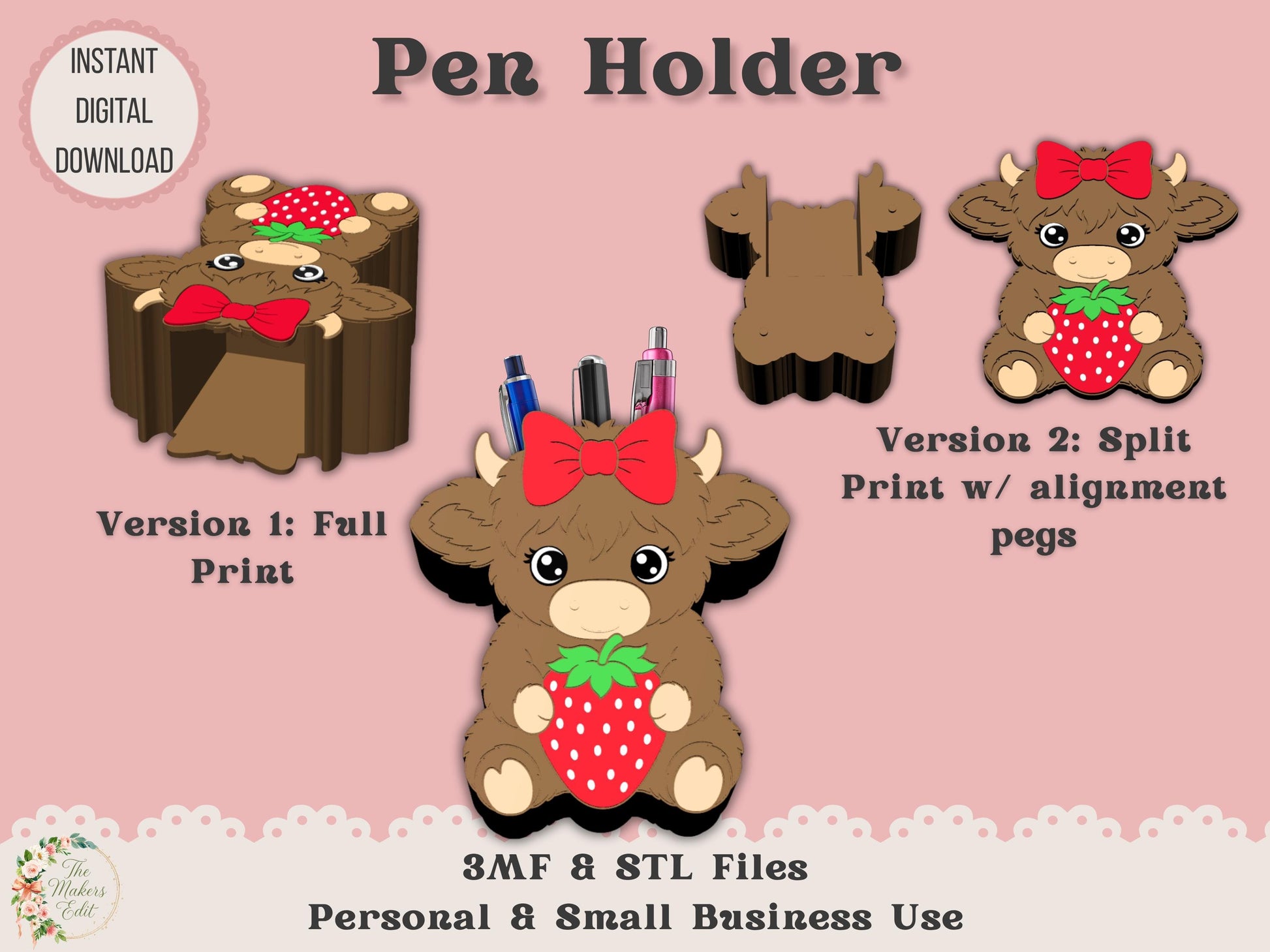 Highland Cow with Strawberry & Bow - Pen Holder - Digital File