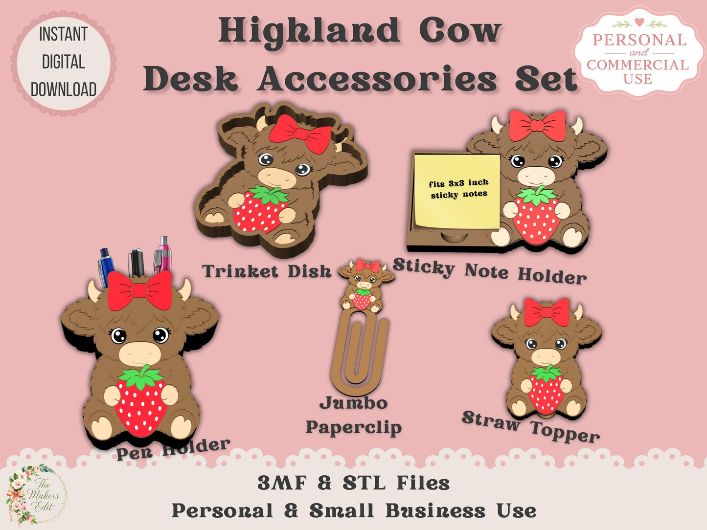 Highland Cow Strawberry Desk Accessories Bundle
