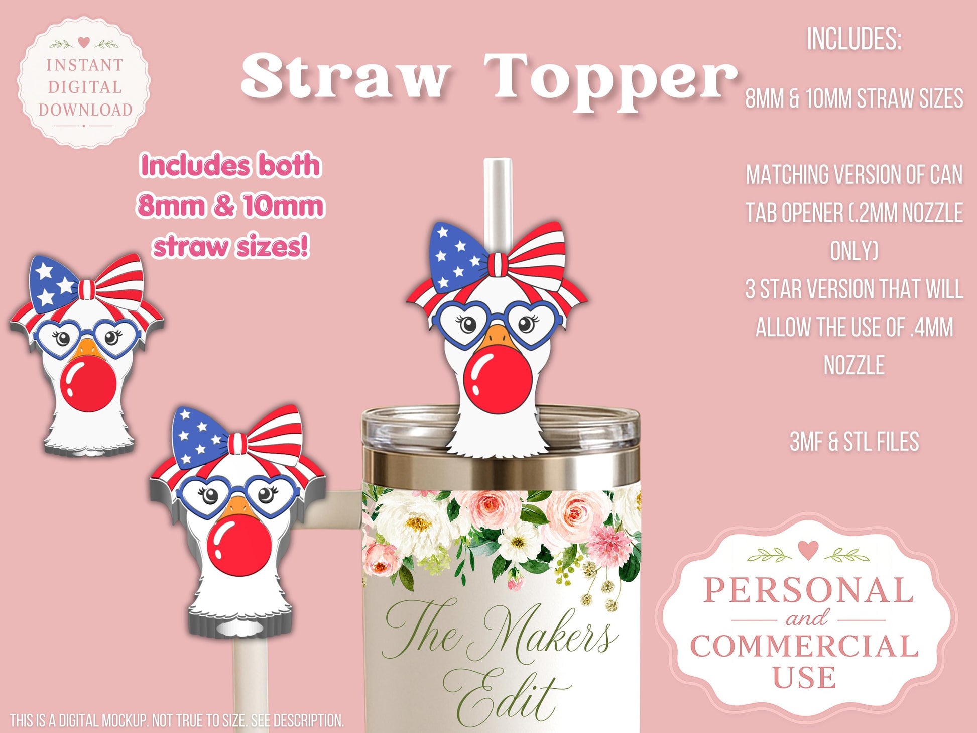 Fourth of July Goose Coquette Bow - Straw Topper - Digital File
