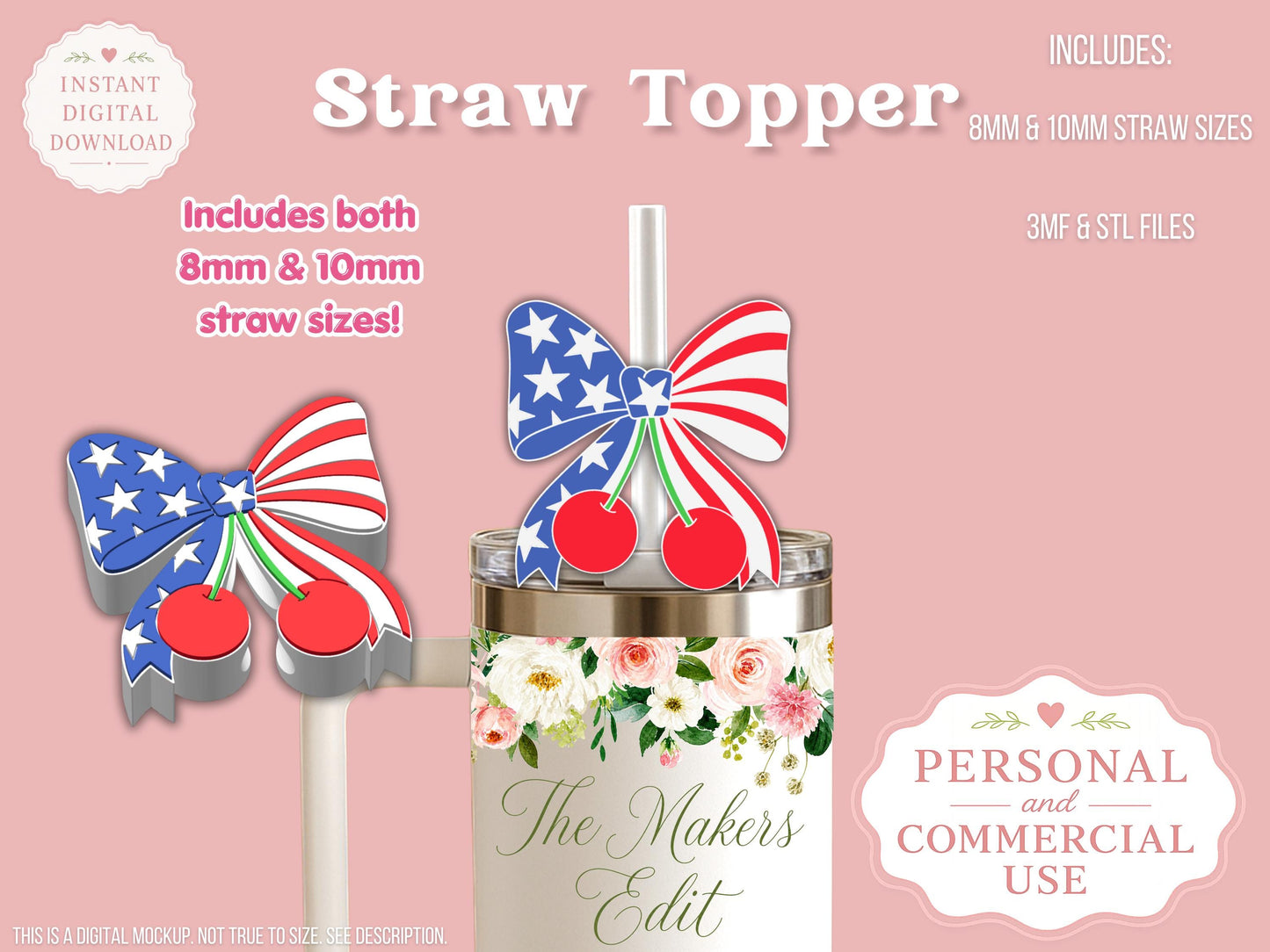 Independence Day Bow Cherries - Straw Topper - Digital File