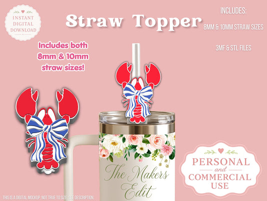 Lobster Striped Coquette Bow - Straw Topper - Digital File
