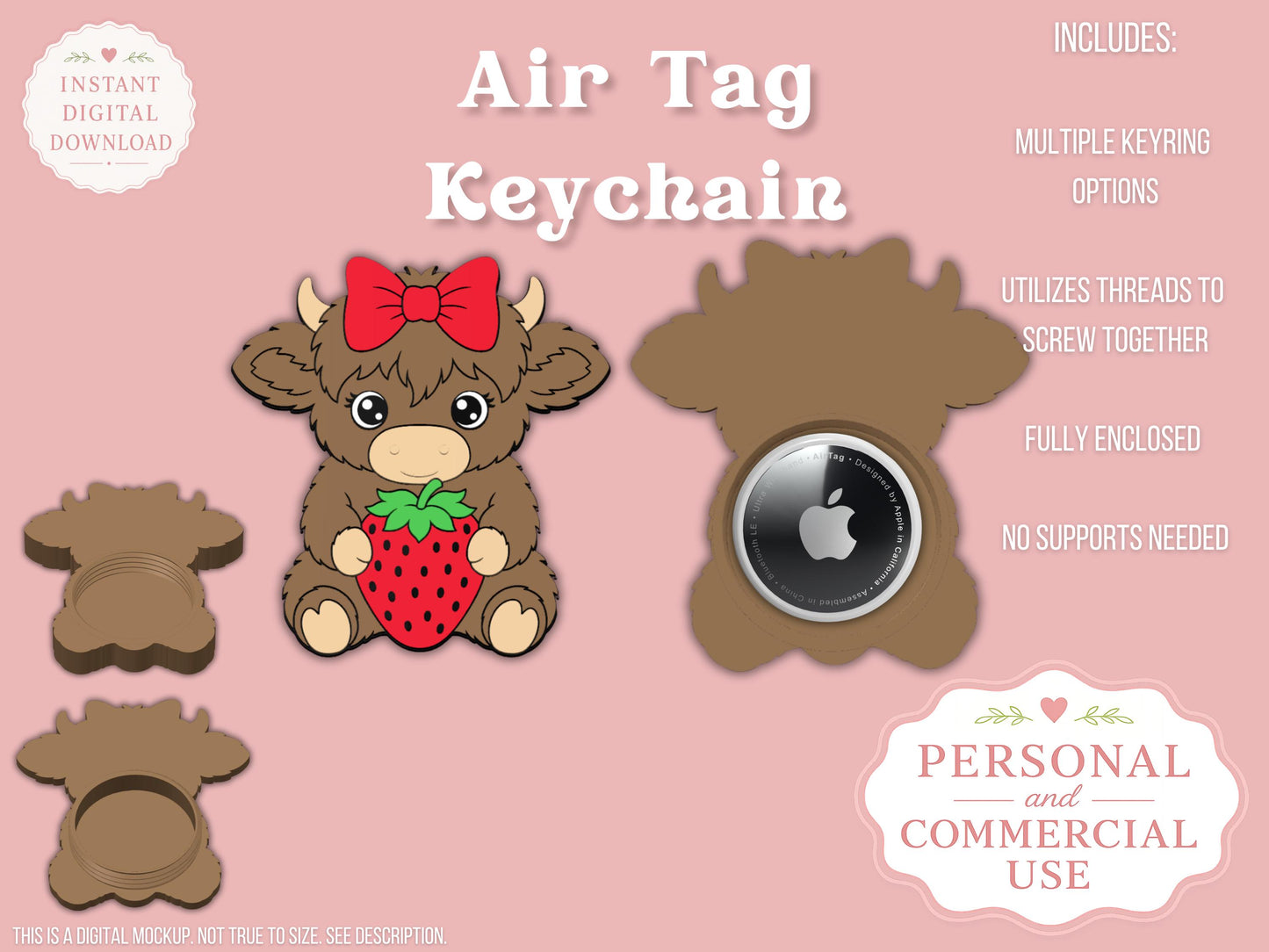 Highland Cow Strawberry - AirTag Holder - Digital File