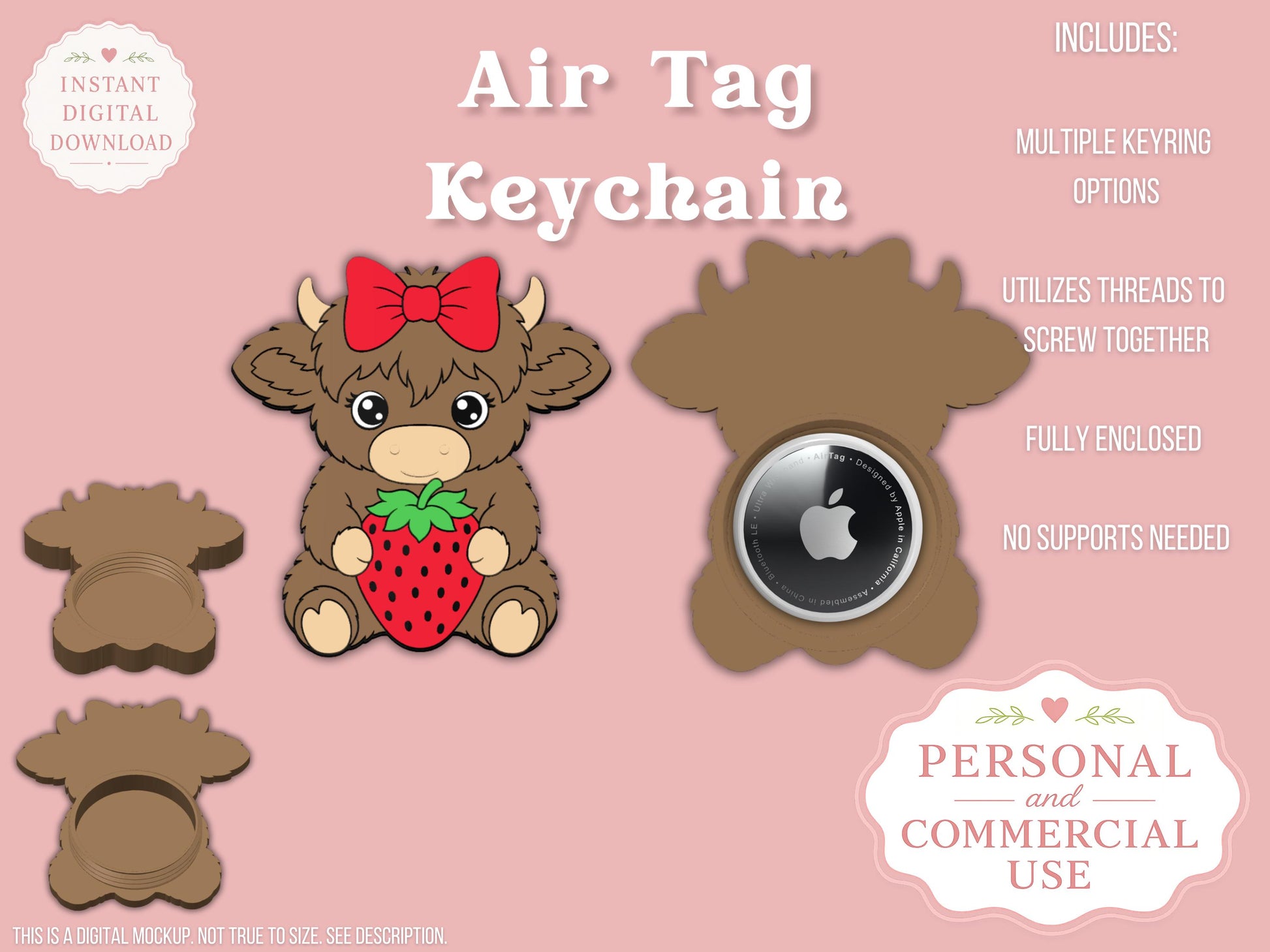 Highland Cow Strawberry - AirTag Holder - Digital File