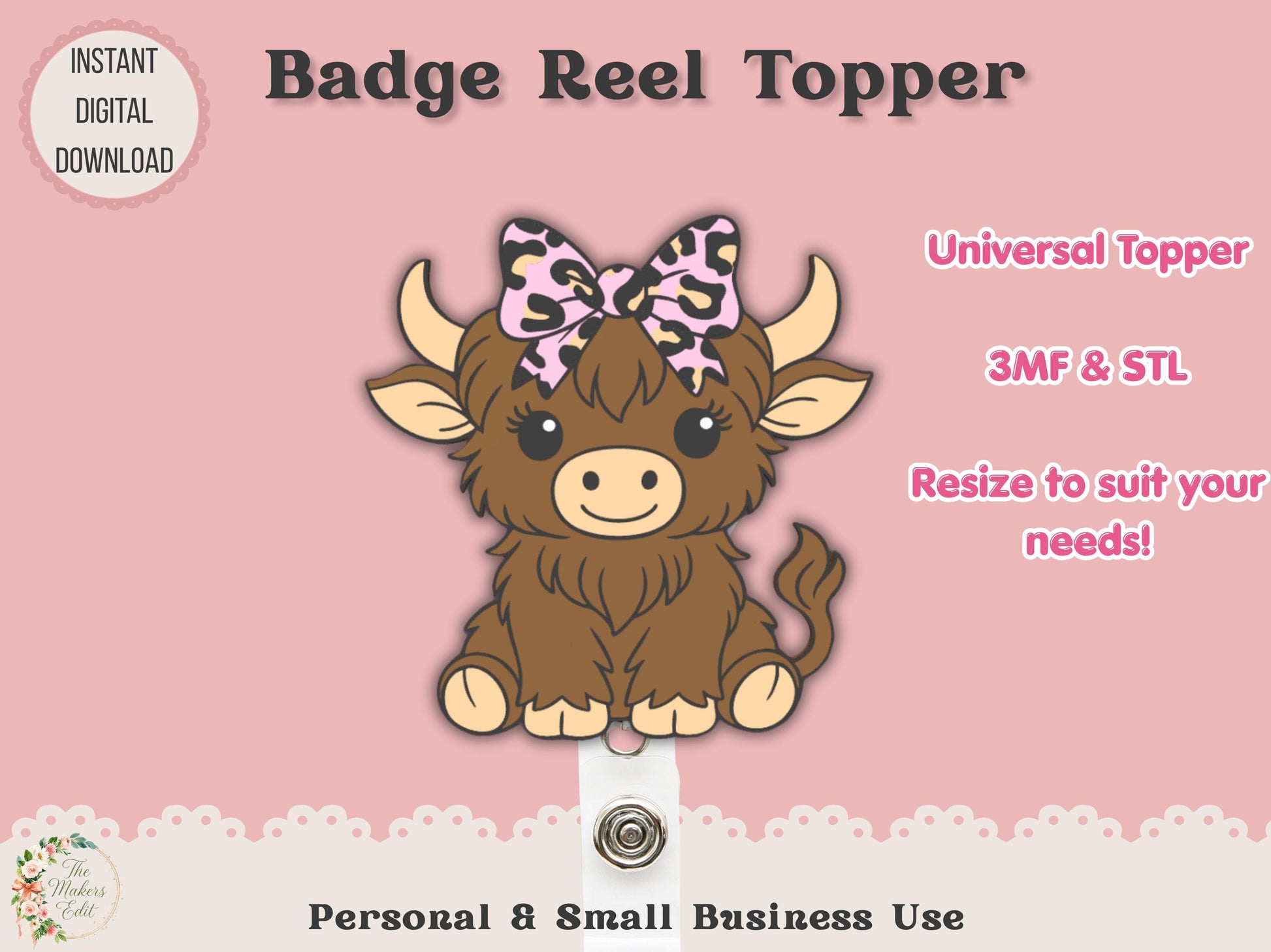 Highland Cow Leopard Bow - Badge Reel Topper - Digital File