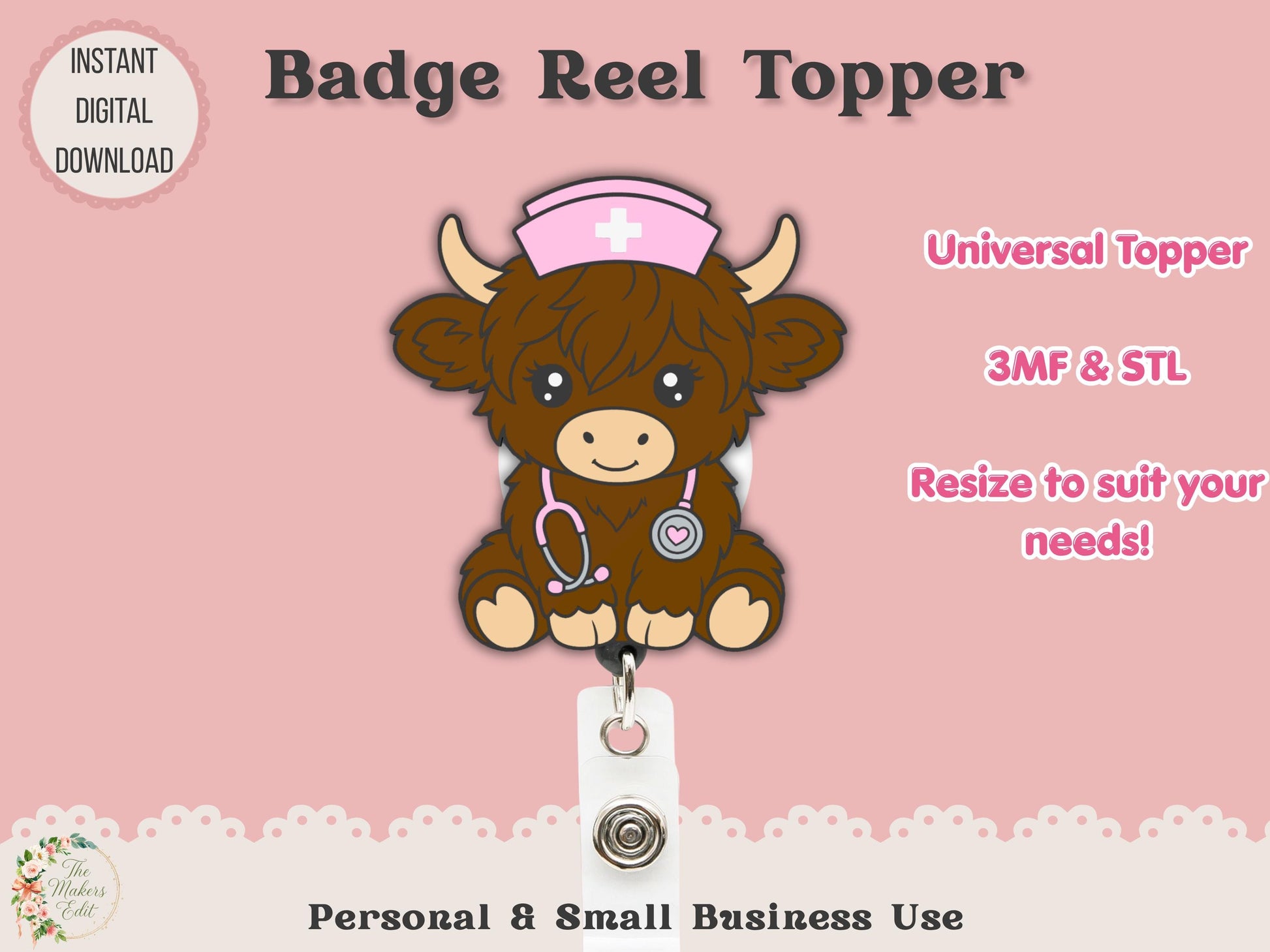 Nurse Highland Cow - Badge Reel Topper - Digital File