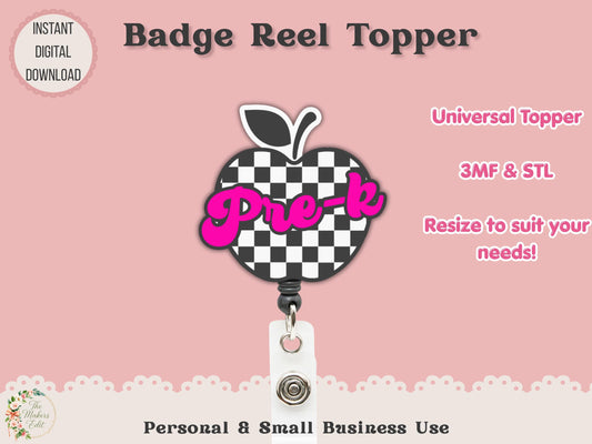 Pre-K Checkered Apple - Badge Reel Topper - Digital File