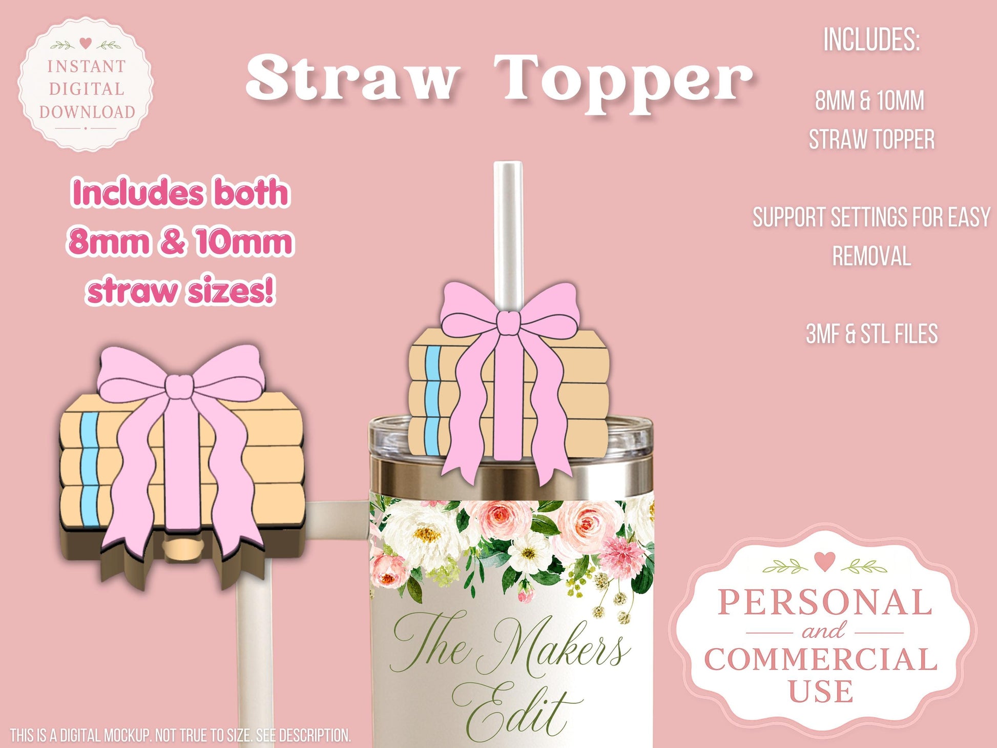Straw Topper 3D Printer File | Coquette Book Pile STL 3MF | Fits 10mm & 8mm Straws