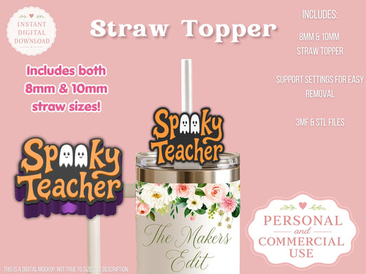 Straw Topper 3D Printer File | Spooky Teacher STL 3MF | Fits 10mm & 8mm Straws
