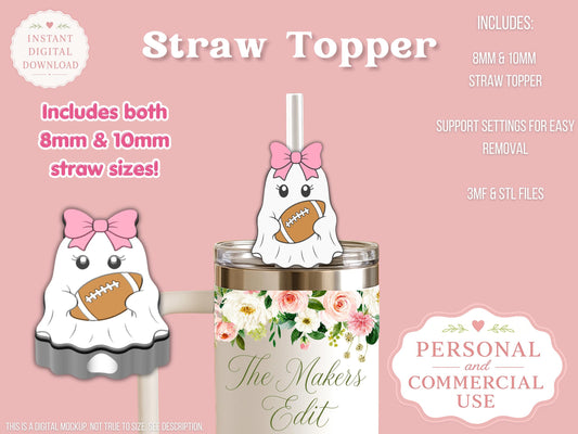 Straw Topper 3D Printer File | Ghost Football Coquette STL 3MF | Fits 10mm & 8mm Straws