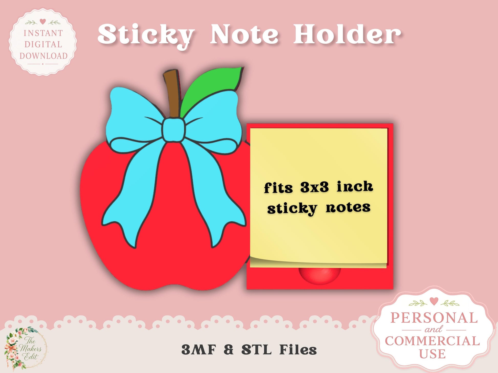 Sticky Note Holder 3D Printer File | Apple Coquette STL 3MF