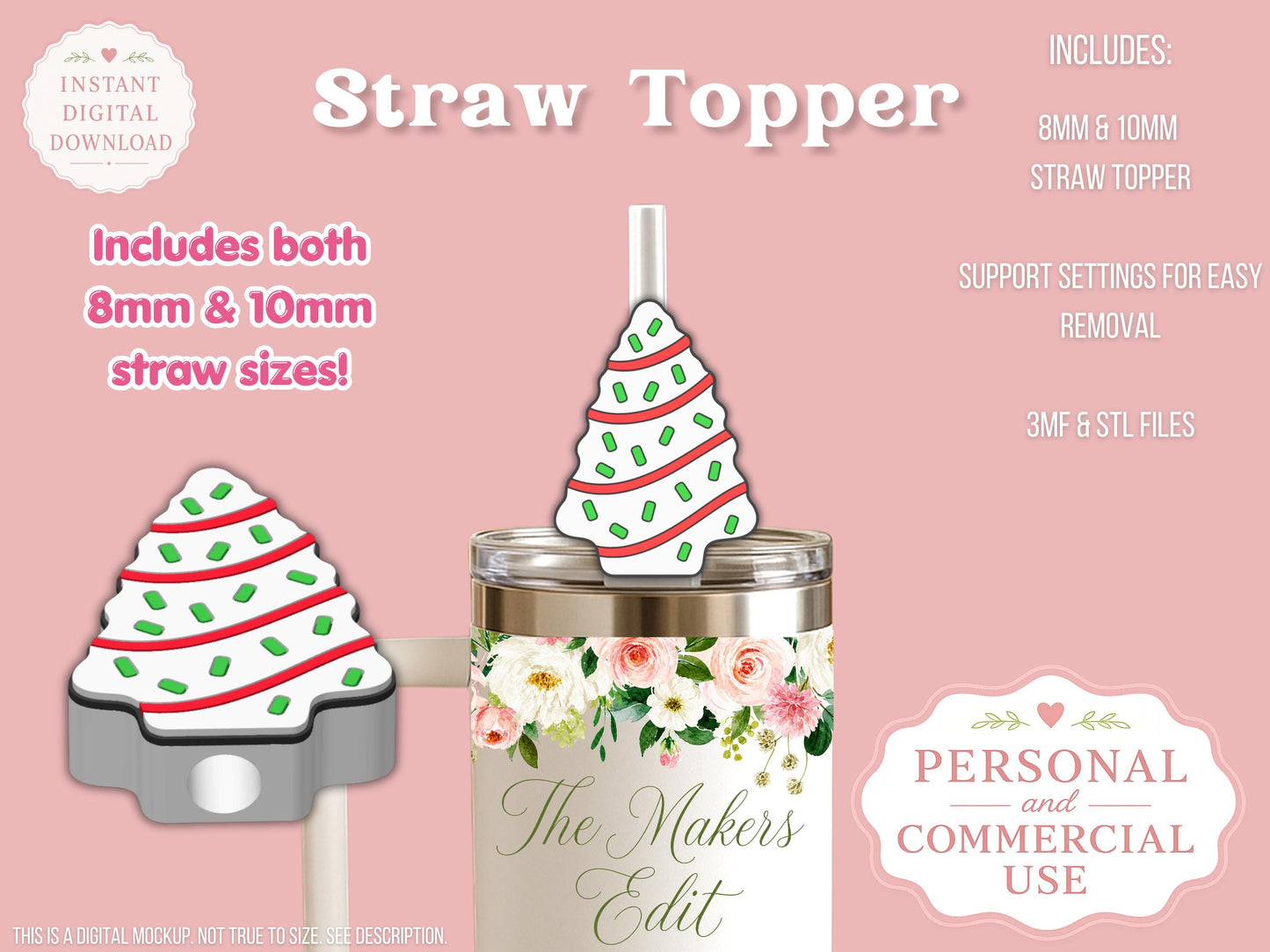 Straw Topper 3D Printer File | Christmas Tree Cake STL 3MF Tumbler Accessories