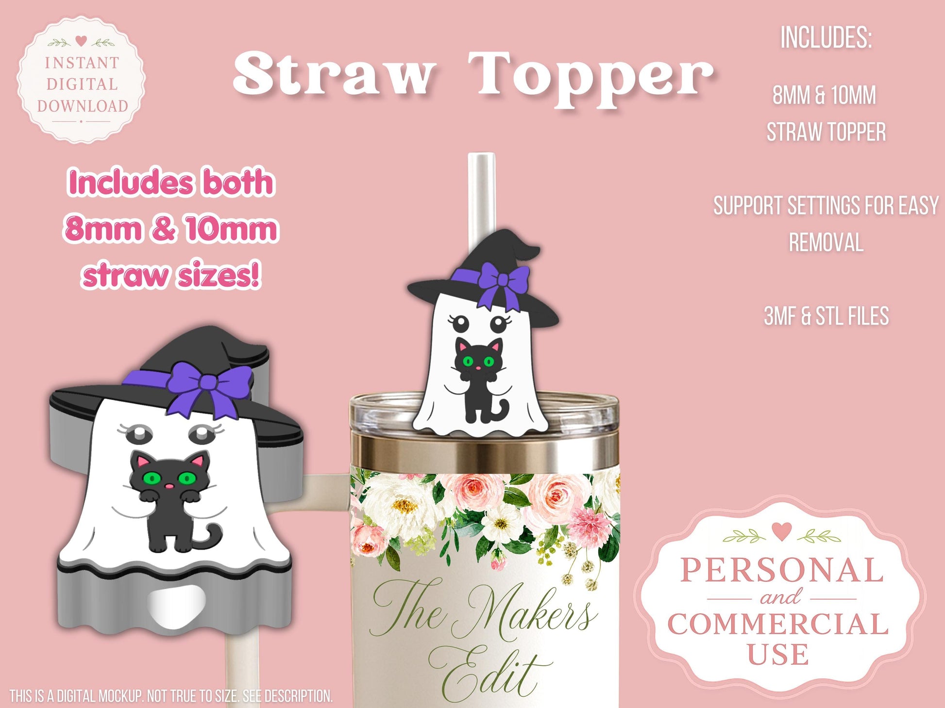 Straw Topper 3D Printer File | Ghost Witch Cat STL 3MF | Fits 10mm & 8mm Straws