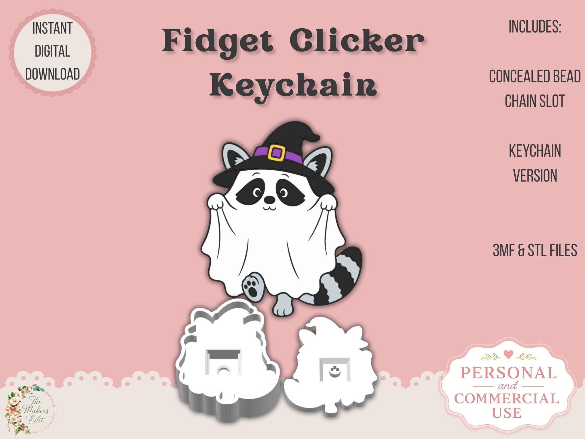 Fidget Clicker 3D Printer File | Ghost Witch Raccoon STL 3MF | Keychain