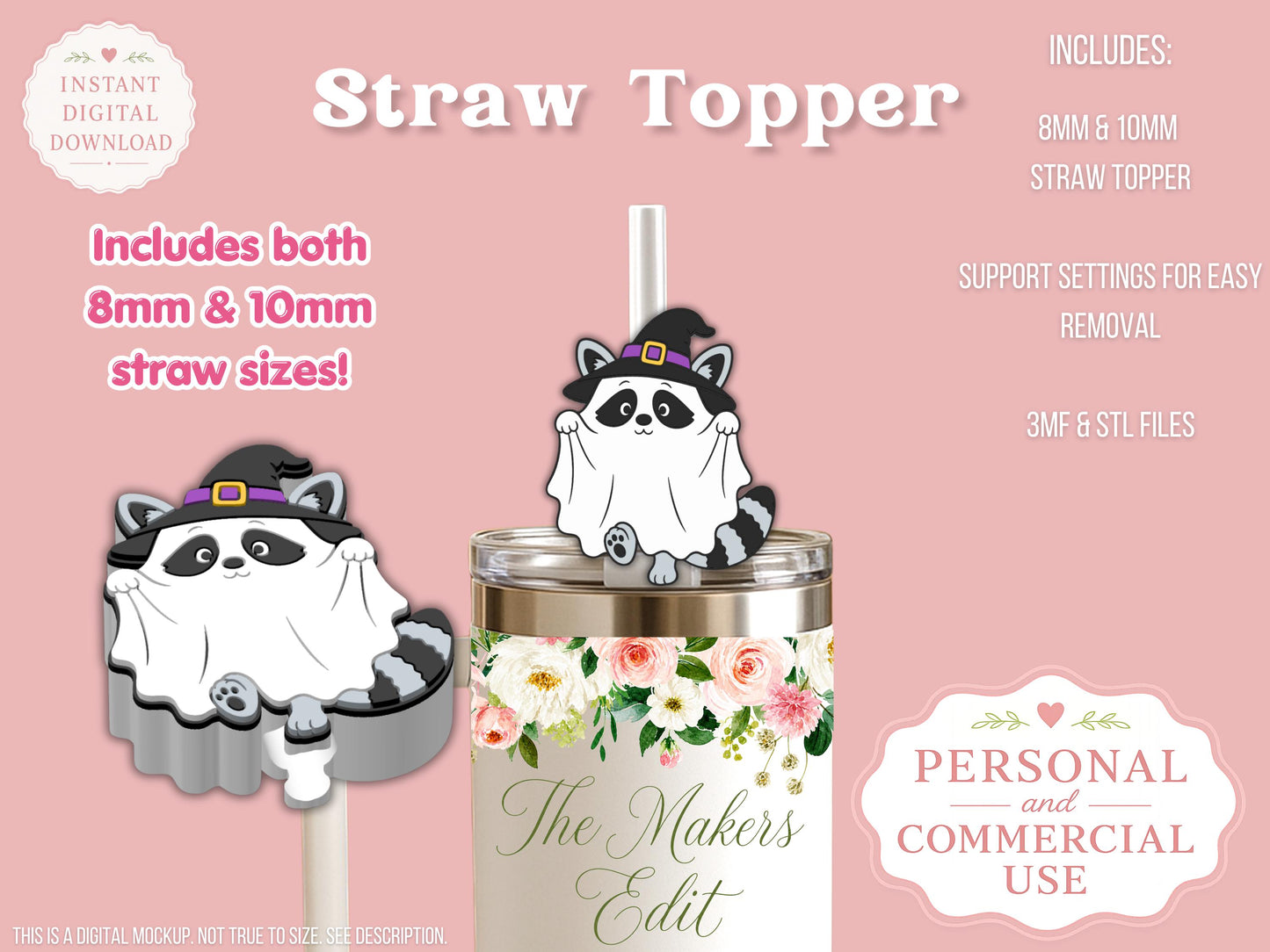 Straw Topper 3D Printer File | Ghost Witch Raccoon STL 3MF | Fits 10mm & 8mm Straws