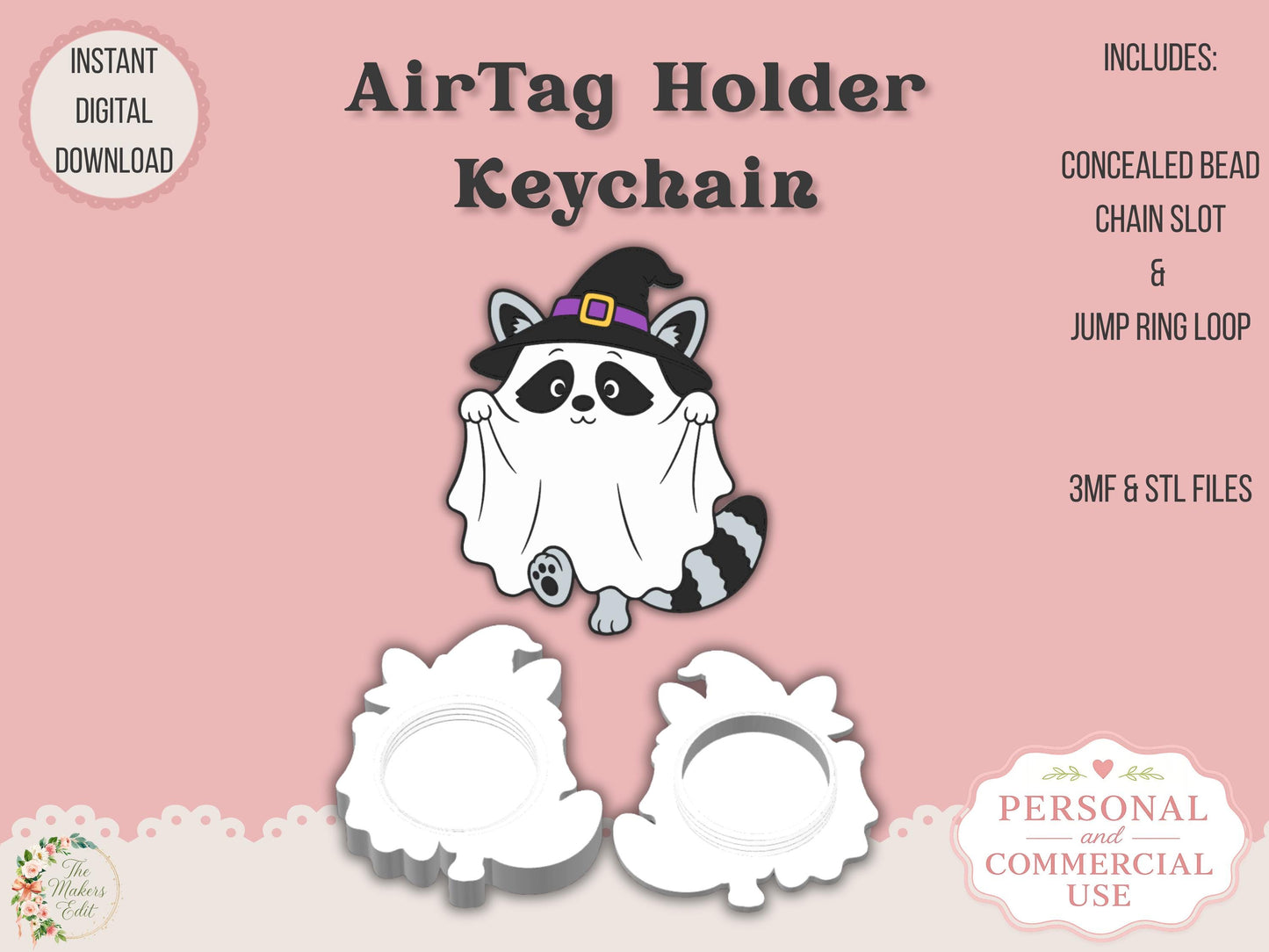 AirTag Holder Keychain | Ghost Witch Raccoon | STL 3MF