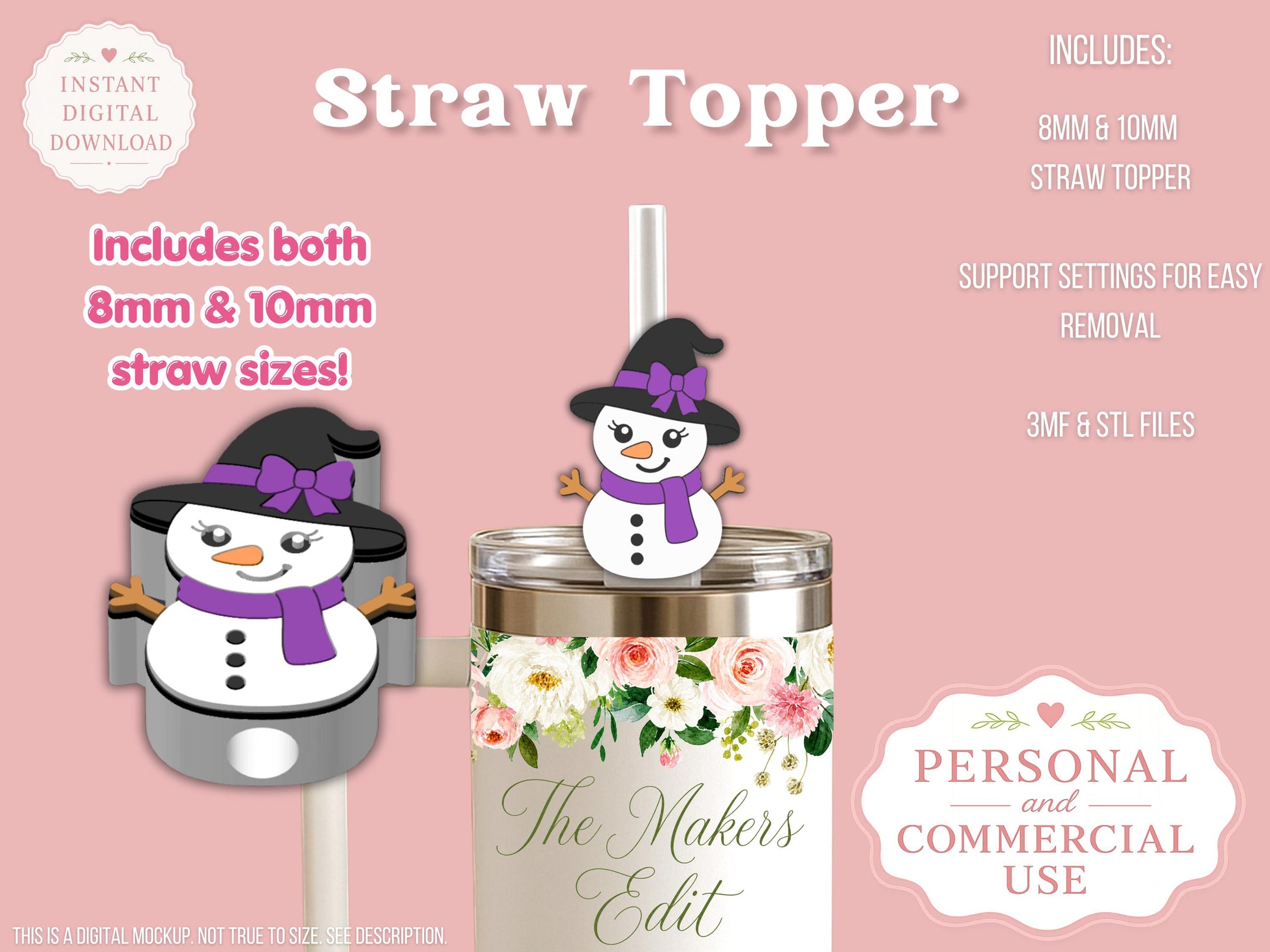 Straw Topper 3D Printer File | Witch Snowman STL 3MF | Fits 10mm & 8mm Straws