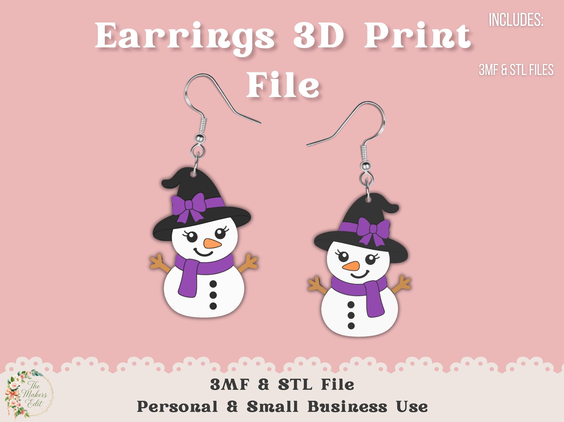 Earrings 3D Printer File | Witch Snowman STL 3MF