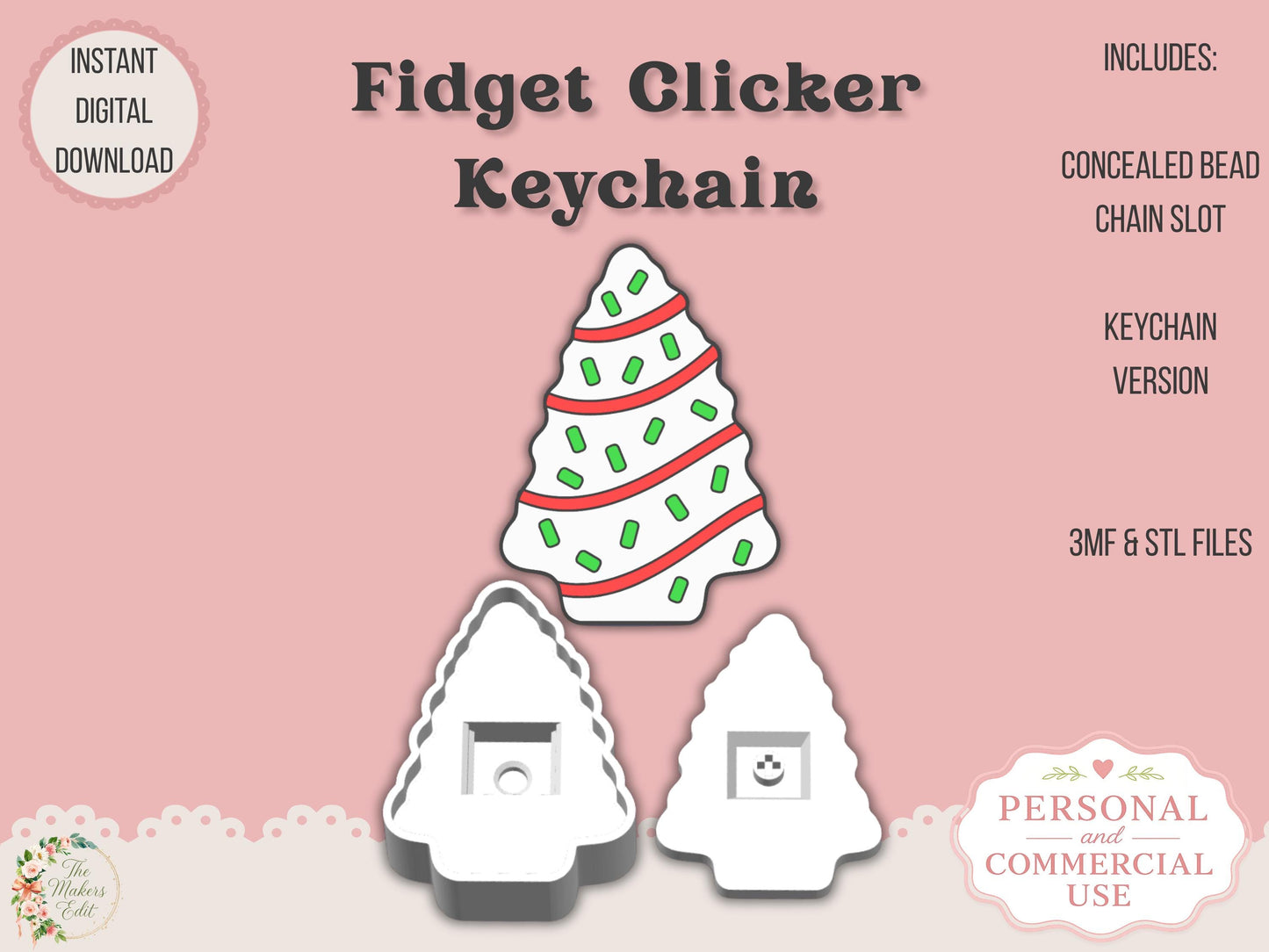 Fidget Clicker Keychain 3D Print File | Christmas Tree Cake STL 3MF