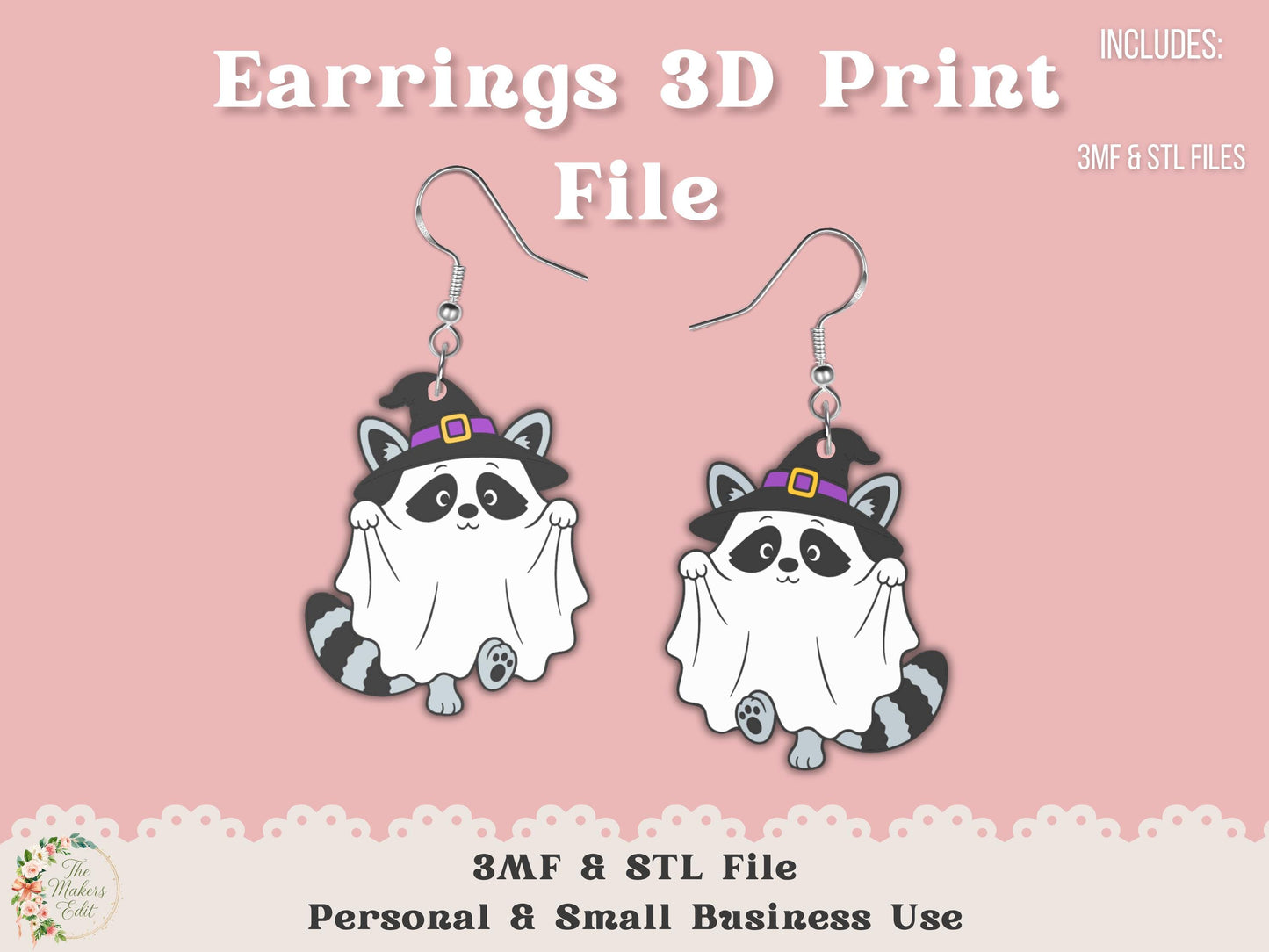 Earrings 3D Printer File | Ghost Witch Raccoon STL 3MF