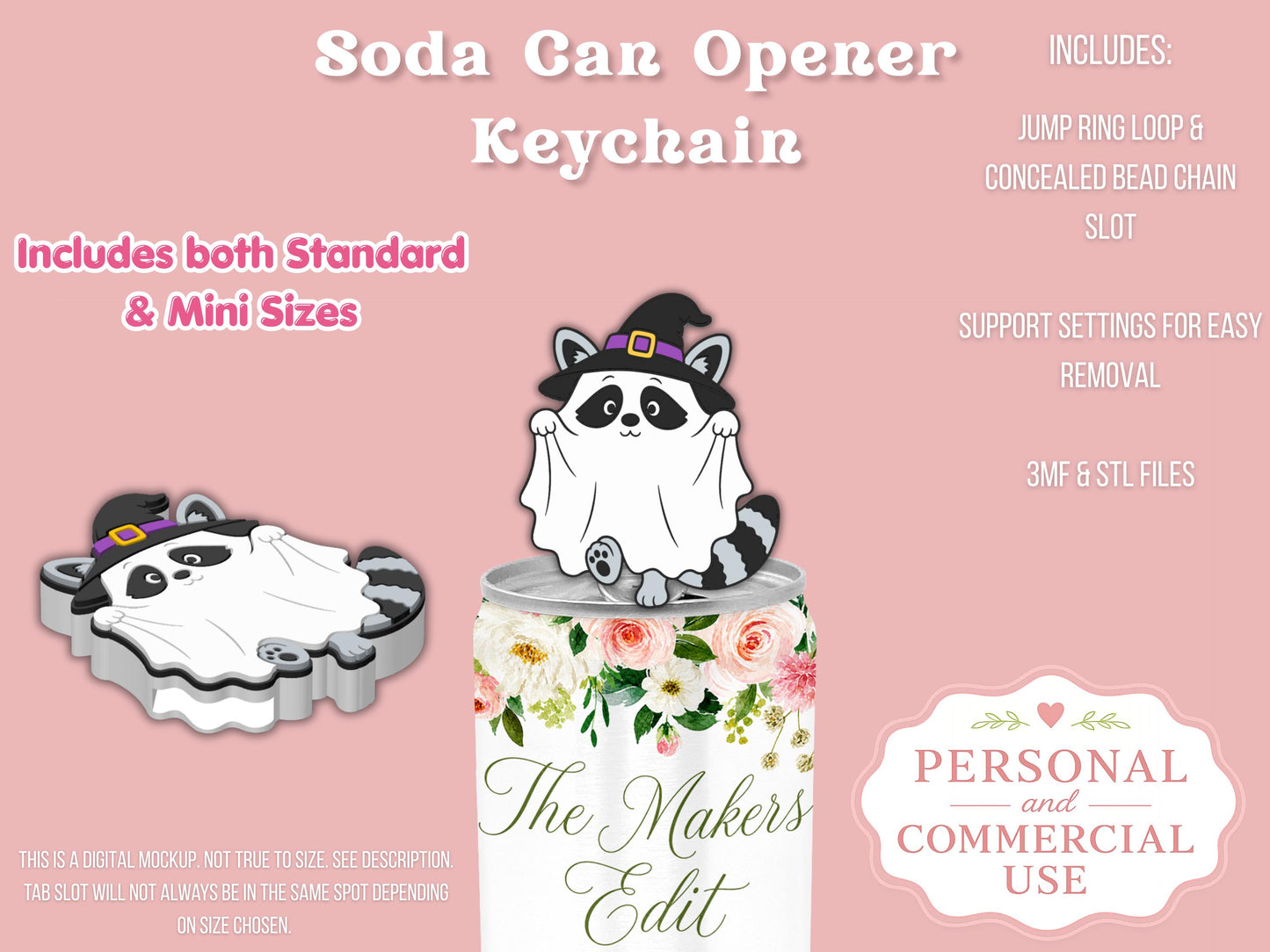 Soda Can Tab Opener Keychain 3D Printer File | Ghost Witch Raccoon STL 3MF