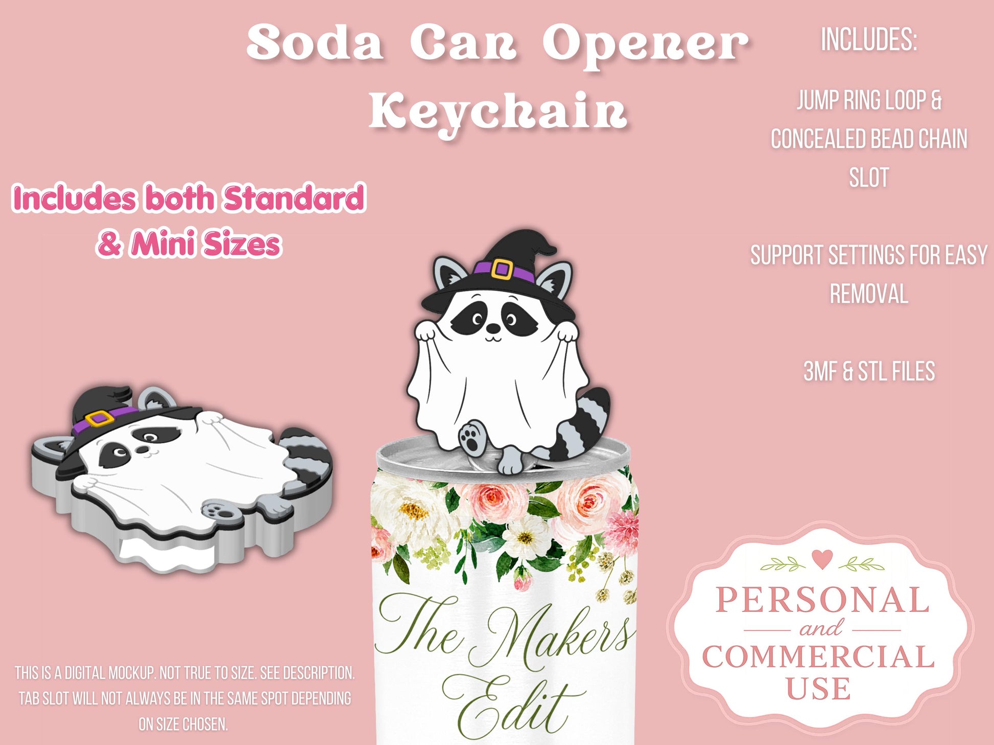 Soda Can Tab Opener Keychain 3D Printer File | Ghost Witch Raccoon STL 3MF