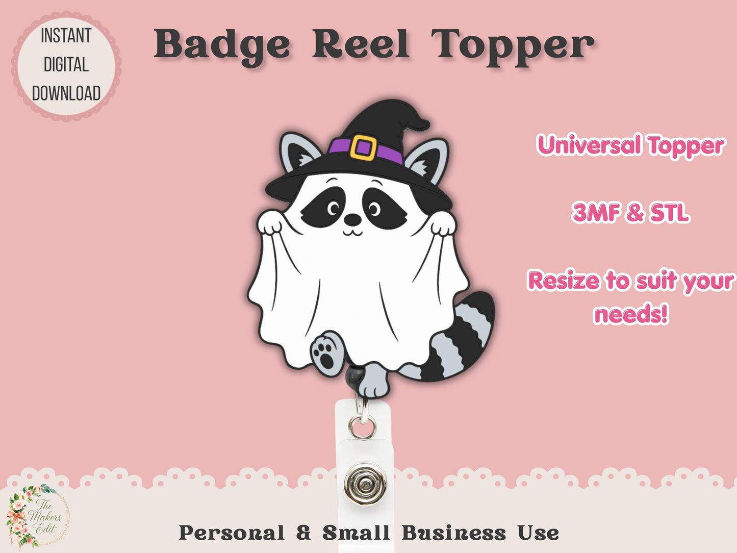 Badge Reel Topper 3D Printer File | Ghost Witch Raccoon STL 3MF