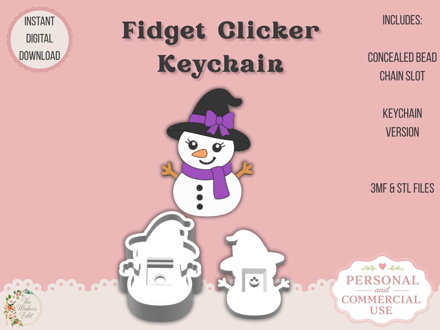 Fidget Clicker 3D Printer File | Witch Snowman STL 3MF | Keychain